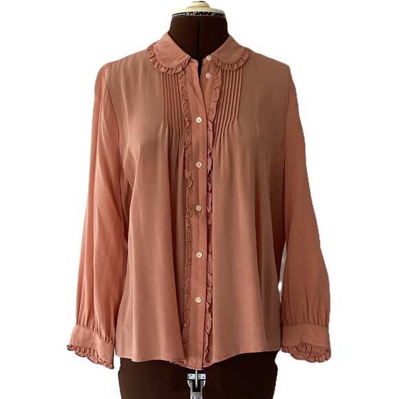 Madewell Tops - Madewell Silk Button Front Blouse with Pintucks and Ruffled Peter Pan Collar